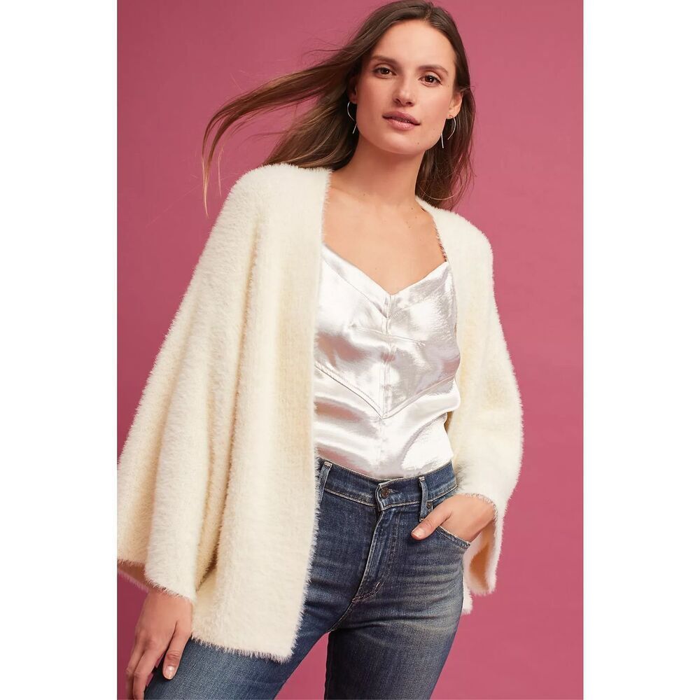 Anthropologie Sleeping on Snow Cozy Nights Cropped Kimono Cardigan in Fuzzy Crea